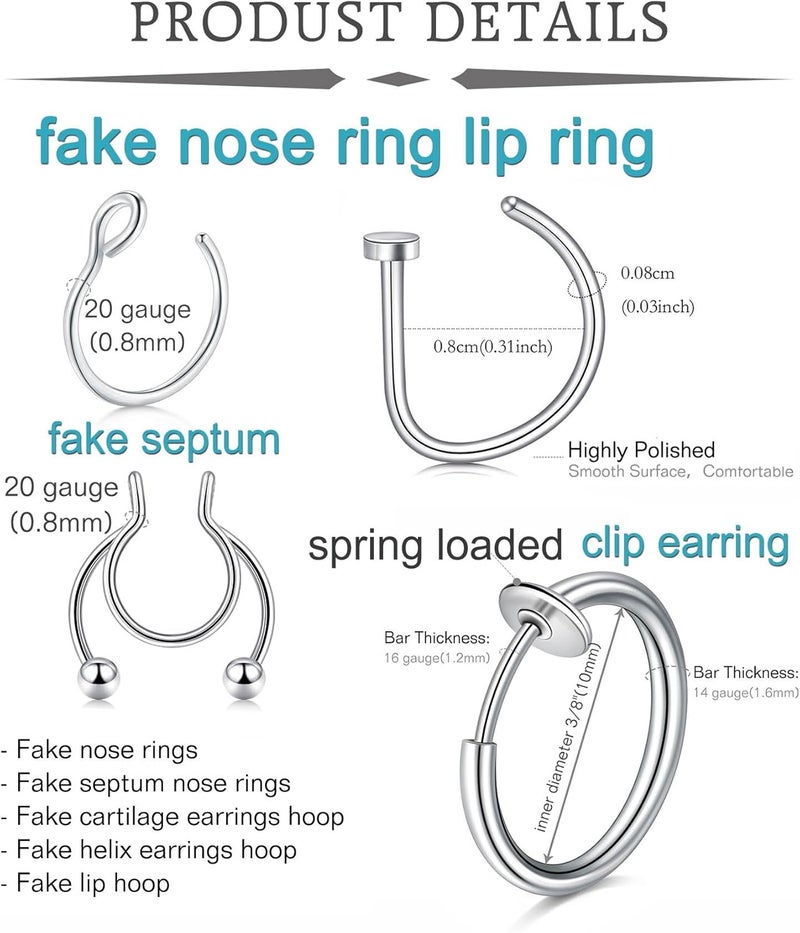 QWALIT Fake Nose Rings & Septum Piercings - Clip On, Non-Piercing, Faux Nose Rings & Hoops for Women & Men - Image 2